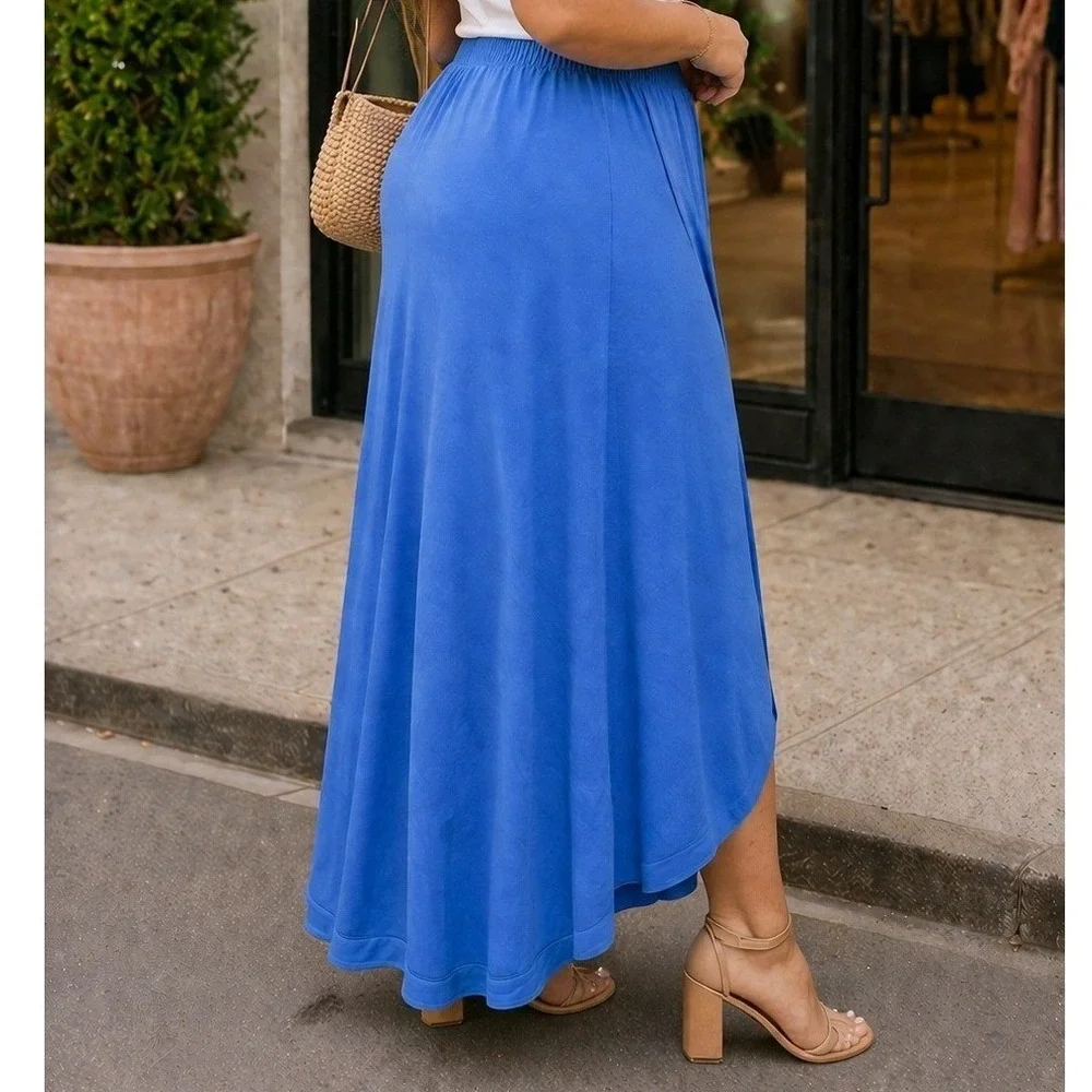 Blue High Low Tulip Hem‎ Maxi Skirt Elastic Waist Faux Wrap Drape Skirt